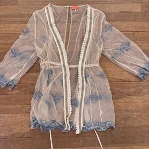 Resort white gold and blue trim sheer open back rope tassel tie blouse sz M
 b42